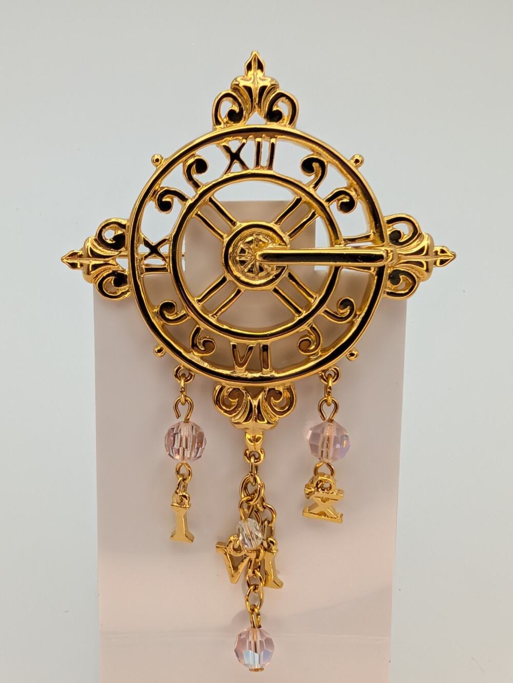 Vintage KIRK'S FOLLY Sundial 315 Gold Tone Brooch Pin Roman Numerals AB Crystal